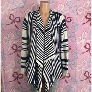 Pink Rose Navy Blue & White Striped Coastal LongSleeve Open Front Cardigan Small